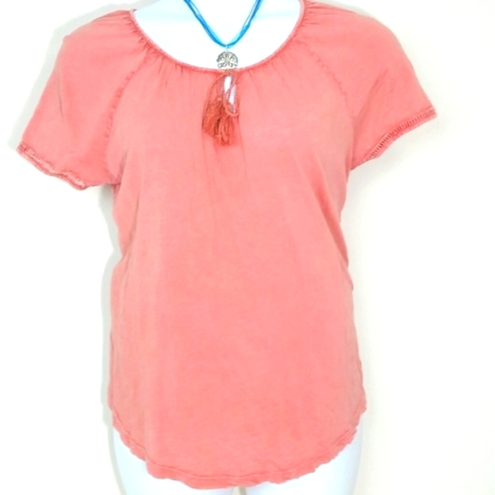 Peasant Blouse Pastel Peach Top flowy short sleeve Relaxed Fit Cotton Tie Casual